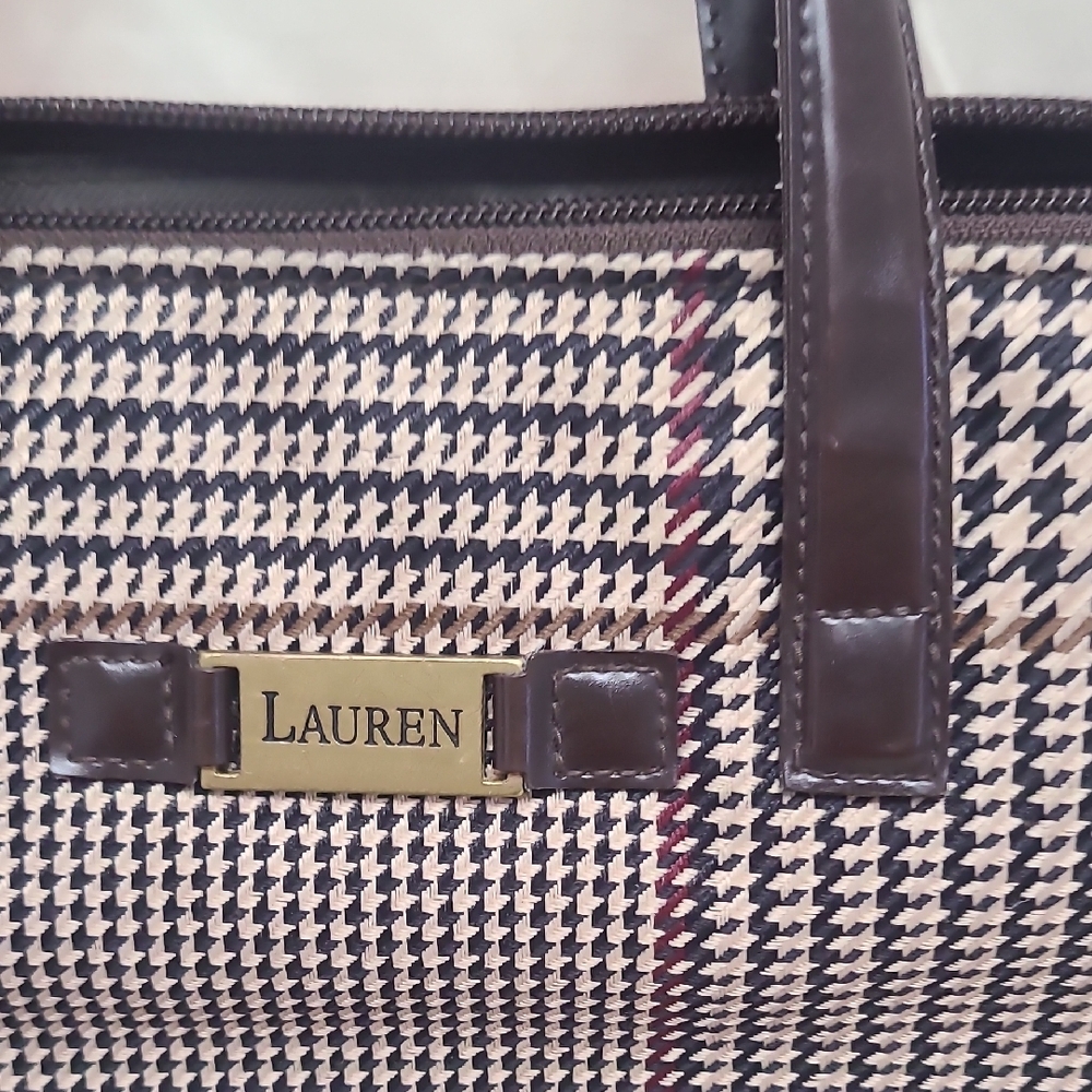 Lauren Ralph Lauren Houndstooth Satchel & Wallet Set Brown Vintage Chic - Picture 6 of 9